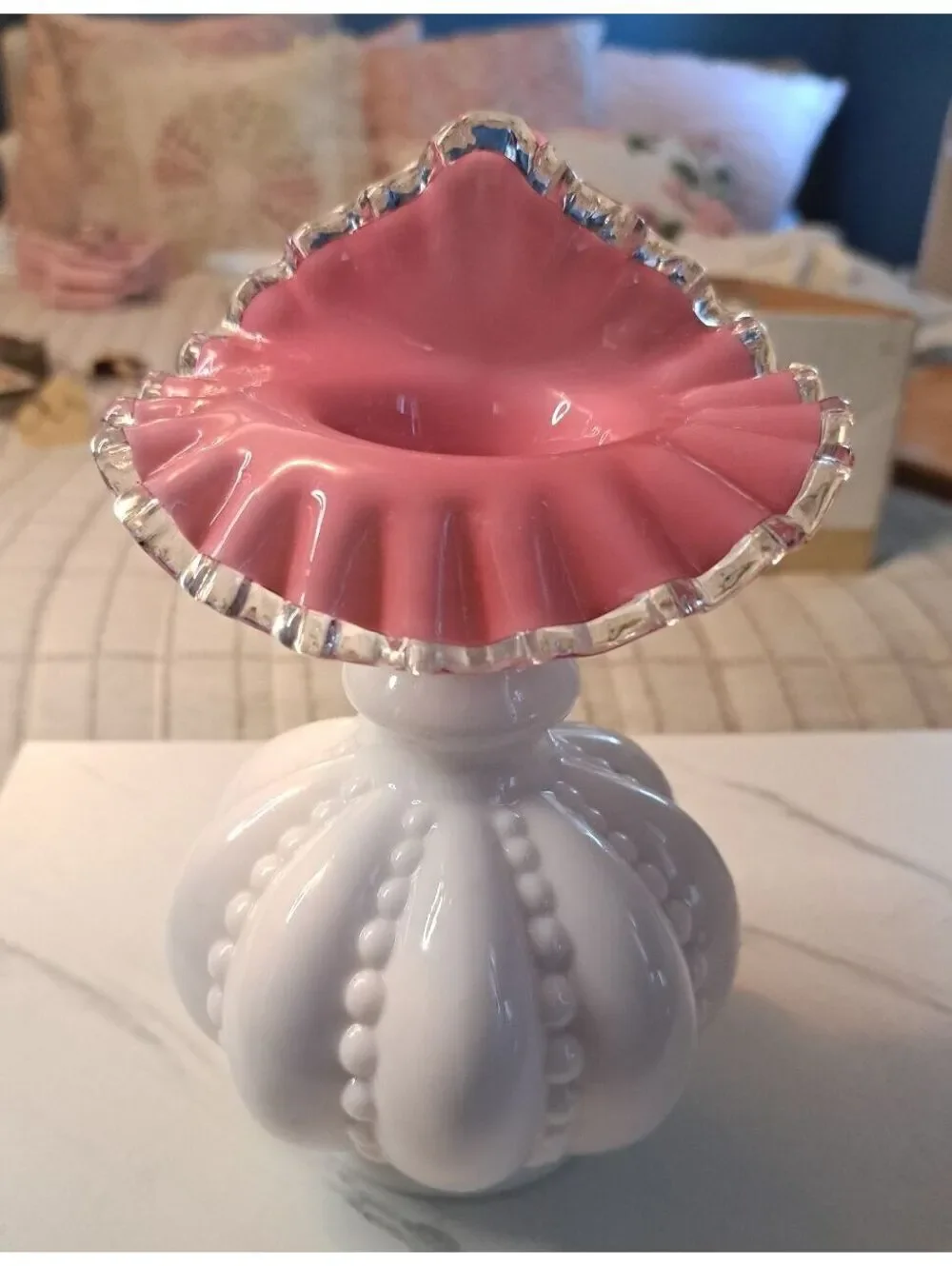 Vintage Fenton Beaded Melon Tulip Peach Crest Crimped Vase w/ Silver Lining 7